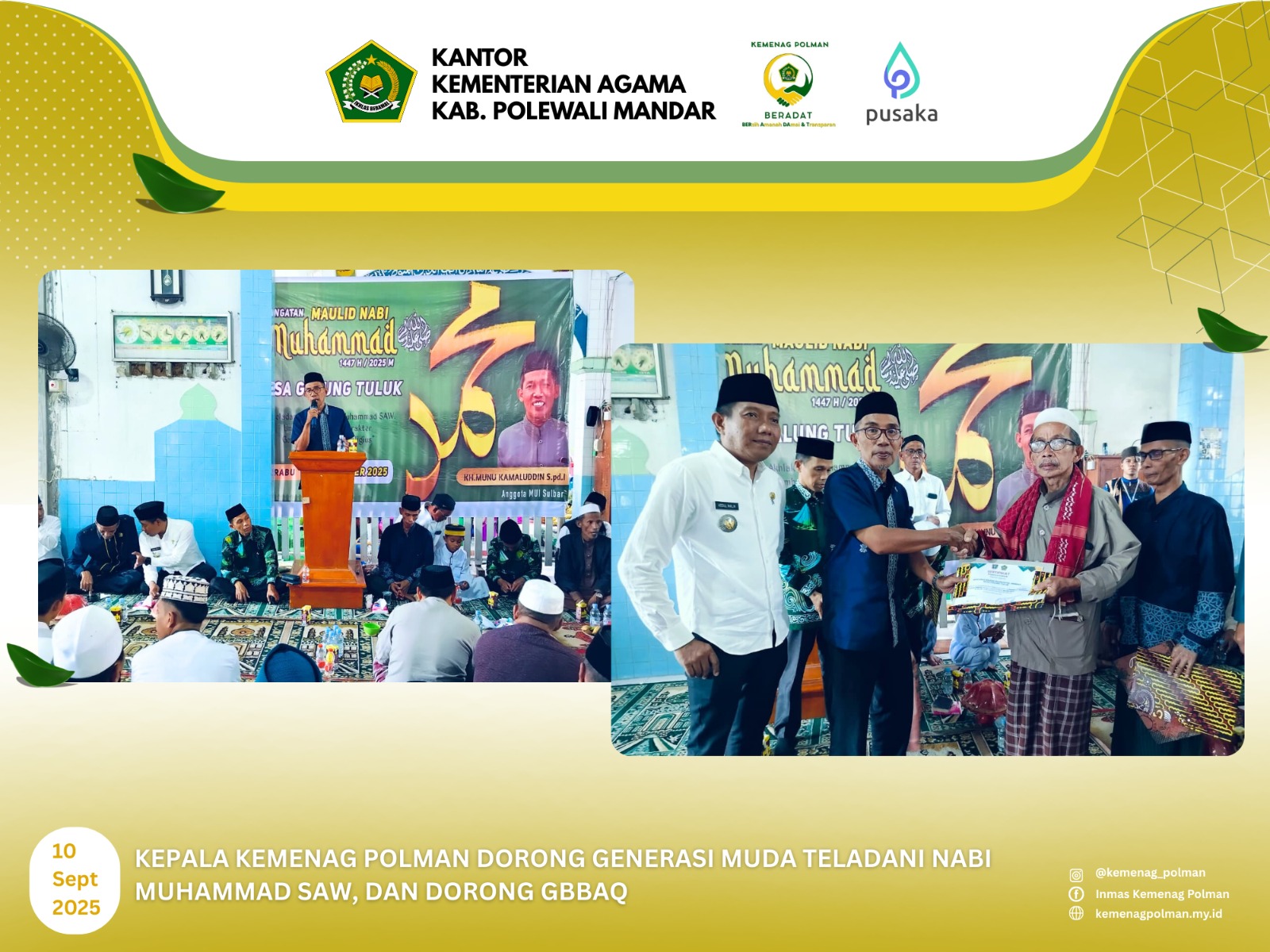 Kepala Kemenag Polman Dorong Generasi Muda Teladani Nabi Muhammad SAW, dan Dorong GBBAQ